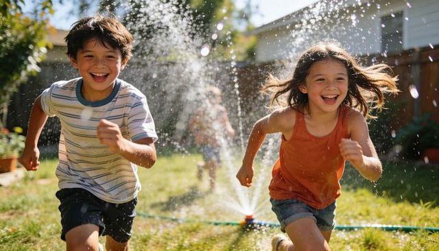 Kids running through backyard sprinkler on sunny summer afternoon, laughing and playing