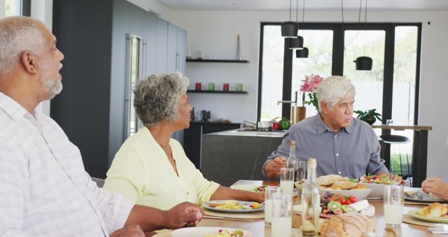 Seniors Enjoying Lunch at Home, Conversing Around Table - Download Free Stock Images Pikwizard.com