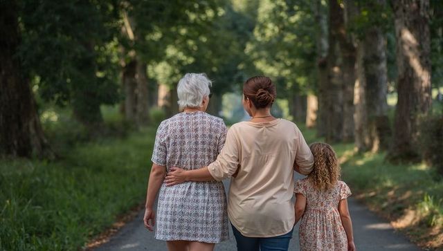 Three-generation family walking linking arms on tree-lined park path