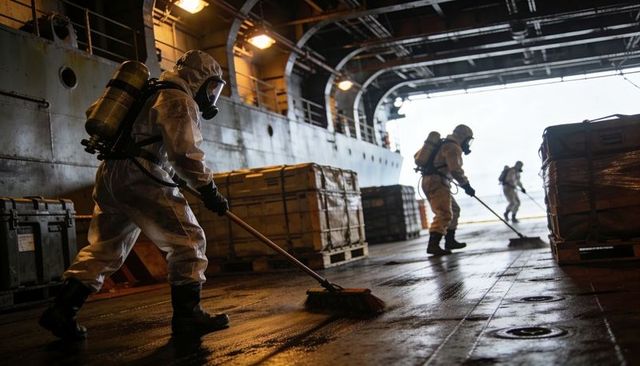 Hazmat team decontaminating ship deck wearing full-body suits and scba for maritime cleanup