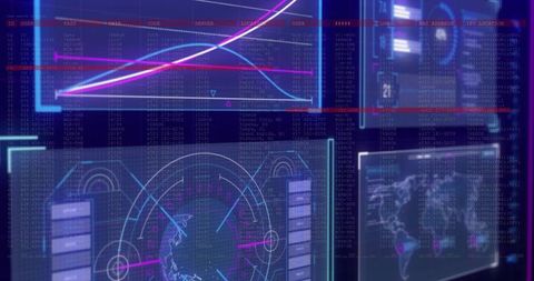 Glassy Futuristic HUD Panels Displaying Analytics, Radar Globe, Trend Charts and Code