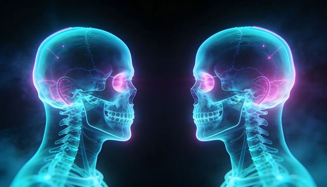 Neon Dual Skull Holograms Facing Each Other with Glowing Cervical Spine and Neural Nodes