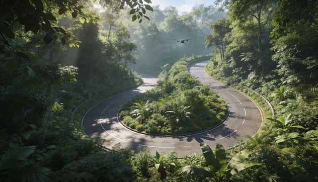 Quadcopter surveying winding hairpin mountain road through lush tropical rainforest