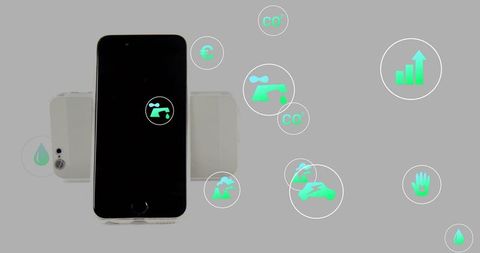Smartphone displaying energy and water analytics with co2 faucet icons on gray interface