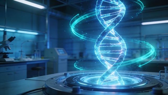 Holographic dna helix projecting above circular platform in futuristic biotech research lab
