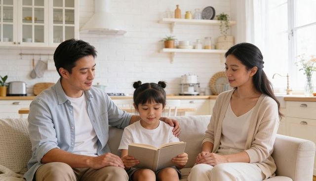 Family reading together on sofa in bright minimalist kitchen, parent-child bonding moment