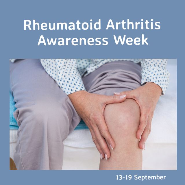 Midsection of caucasian woman with knee pain, 13-19 september, rheumatoid arthritis awareness week. Text, composite, support, disease, joints, autoimmune, healthcare, awareness and prevention.