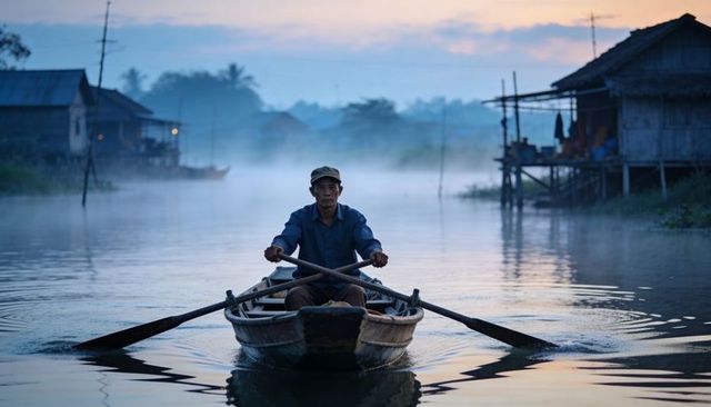 Rowing boatman paddling wooden oars through misty dawn river past stilt houses