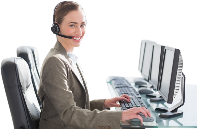 Transparent Businesswoman with Headset Working on Multiple Computers - Download Free Stock Videos Pikwizard.com