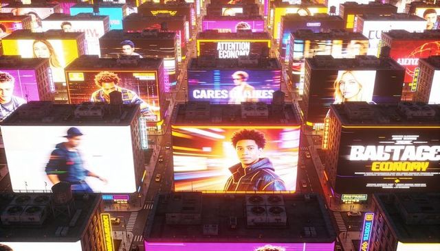 Neon rooftop billboards featuring young man in hoodie, futuristic city nightscape