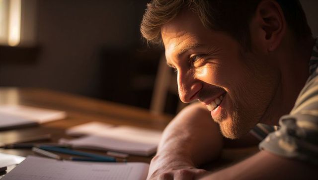 Man leaning on desk smiling while studying with notebook and pencils in warm light