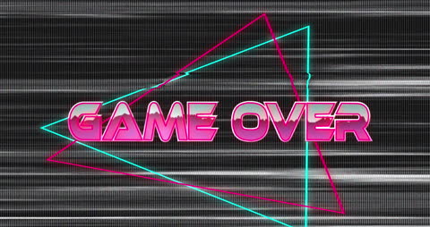 Retro Game Over Screen with Neon Effects and Geometric Shapes