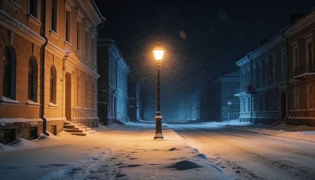 Snowy historic street at night with lit lamppost casting warm golden glow