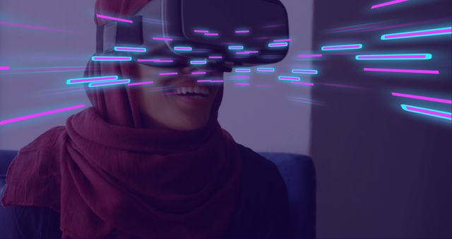 Happy Woman Using Virtual Reality Headset with Neon Light Streaks - Download Free Stock Images Pikwizard.com