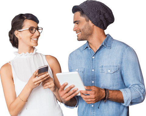 smiling duo with mobile devices communicating on transparent background - Download Free Stock Videos Pikwizard.com