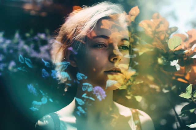Serene woman looking through colorful floral reflections in nature, conveying a sense of contemplation and tranquility. The use of natural outdoor elements and soft sunlight adds to the dreamy atmosphere. Ideal for concepts of introspection, peace, and nature-related themes.
