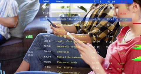 Asian woman checking tablet among friends with smartphones, stock market data overlays