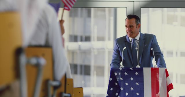 Politician Giving Speech at Conference with American Flag - Download Free Stock Images Pikwizard.com