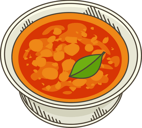 Bowl of tomato soup with leaf design on transparent background