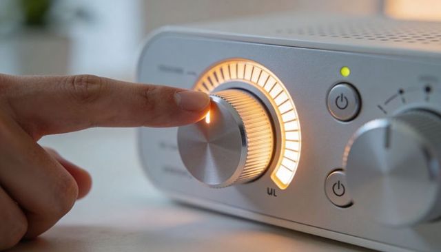 Index finger turning illuminated metal volume knob on audio amplifier with LED level meter