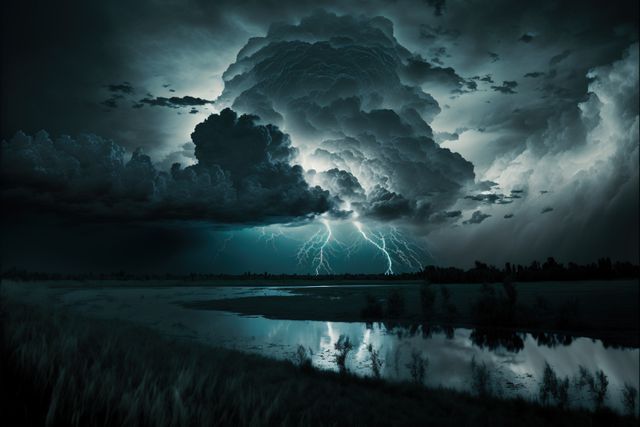 Dramatic Night Storm with Lightning Over Lake - Download Free Stock Images Pikwizard.com