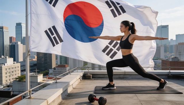 Rooftop fitness practicing warrior ii pose with korean flag and urban skyline backdrop