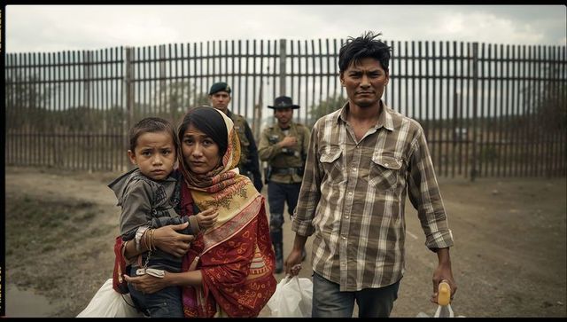 Family walking near metal fence in rural setting holding child