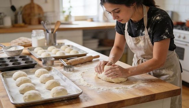 Home baker kneading dough on rustic wooden counter in sunlit kitchen, trays of dough balls