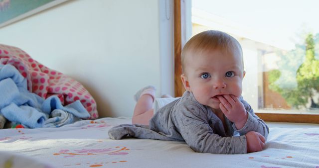 Cute Baby Girl Lying on Bed in Sunlit Room - Download Free Stock Images Pikwizard.com