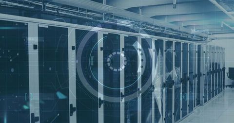 Futuristic Data Center Corridor with Digital Interface Displays