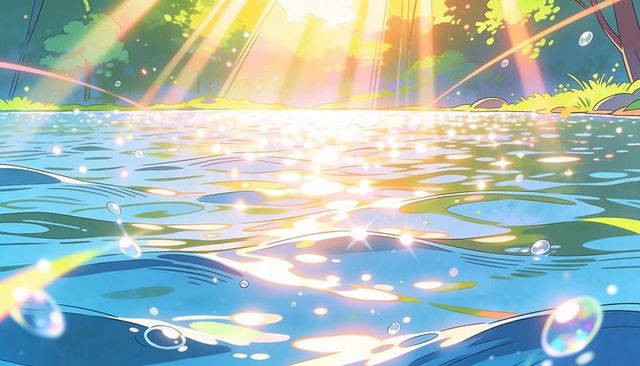 Glittering Sunlit Forest Pond with Shimmering Turquoise Water, Golden Sunbeams