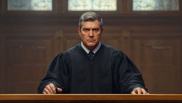 Presiding judge wearing black robe and tie sitting sternly behind wooden bench