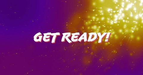 Get ready! bold comic headline with 3d pink shadow, golden sparkle burst and purple gradient glow