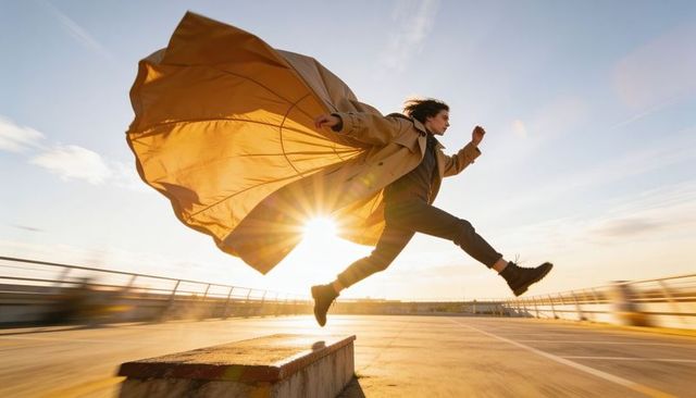 Leaping woman with billowing trench coat backlit by golden sunset on rooftop parking deck