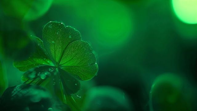 Backlit dew-covered clover macro revealing delicate vein texture and green bokeh glow