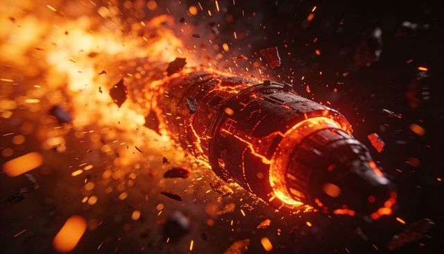 Molten capsule racing through dark space shedding fiery fragments and glowing embers