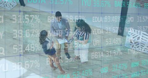 Diverse Team Analyzing Reports with Stock Market Overlay