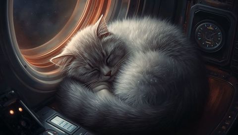 Curling fluffy gray kitten sleeping on spacecraft console by porthole with glowing controls