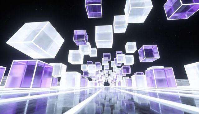 Forming Neon Purple Cube Tunnel Receding into Dark Void on Reflective Futuristic Corridor