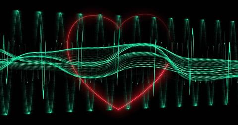 Neon heartbeat waveform visualization with glowing teal ribbons and red heart pulse