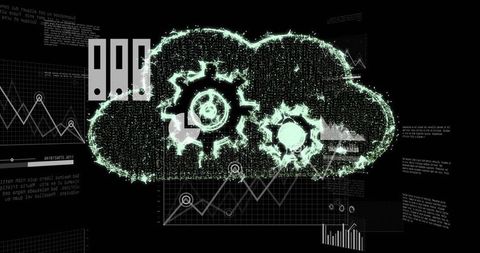 Glowing Neon Cloud Streaming Data with Linked Gears on Futuristic Cyber Analytics Dashboard