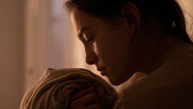 Young woman cradling folded blanket in warm evening light, intimate contemplative profile