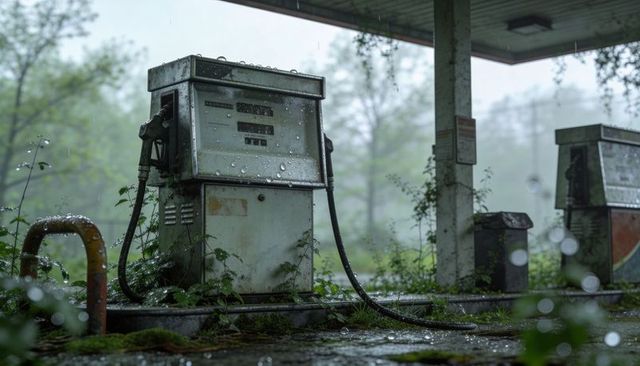 Rain-soaked abandoned gas pump overgrown with moss and weeds under rusted canopy