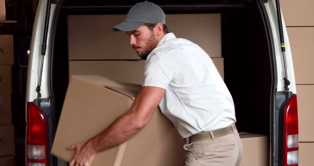 A delivery man is seen loading cardboard boxes into a van, preparing them for shipment. Useful for illustrating logistics, transportation, courier services, and the distribution and supply chain industry. It can also be used to highlight jobs and occupations involving delivery and logistics.