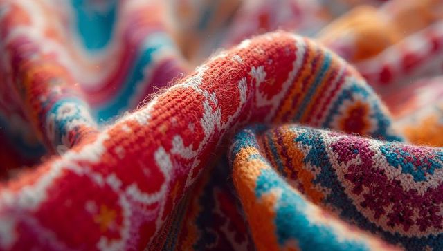 Detailed view of multicolored knitted textile with intricate patterns
