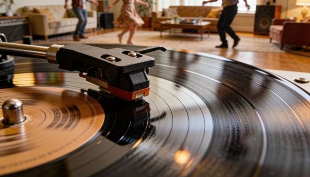 Spinning vinyl record and stylus in retro living room with dancing couple and warm light