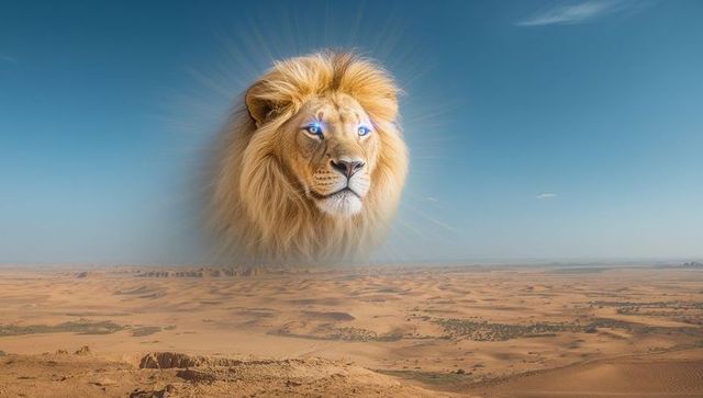 Ethereal lion head hovering over desert with glowing blue eyes and radiant mane