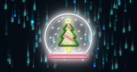 Neon Cyber Snow Globe Featuring Christmas Tree and Binary Code Matrix Backdrop