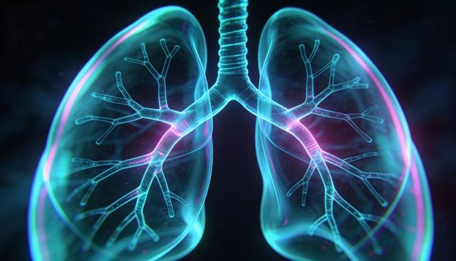 Neon cyan magenta translucent lungs visualizing bronchioles trachea in 3D anatomy render