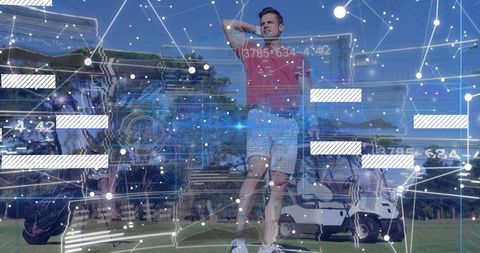 Golfer scanning fairway with augmented reality HUD data overlay on sunny golf course concept